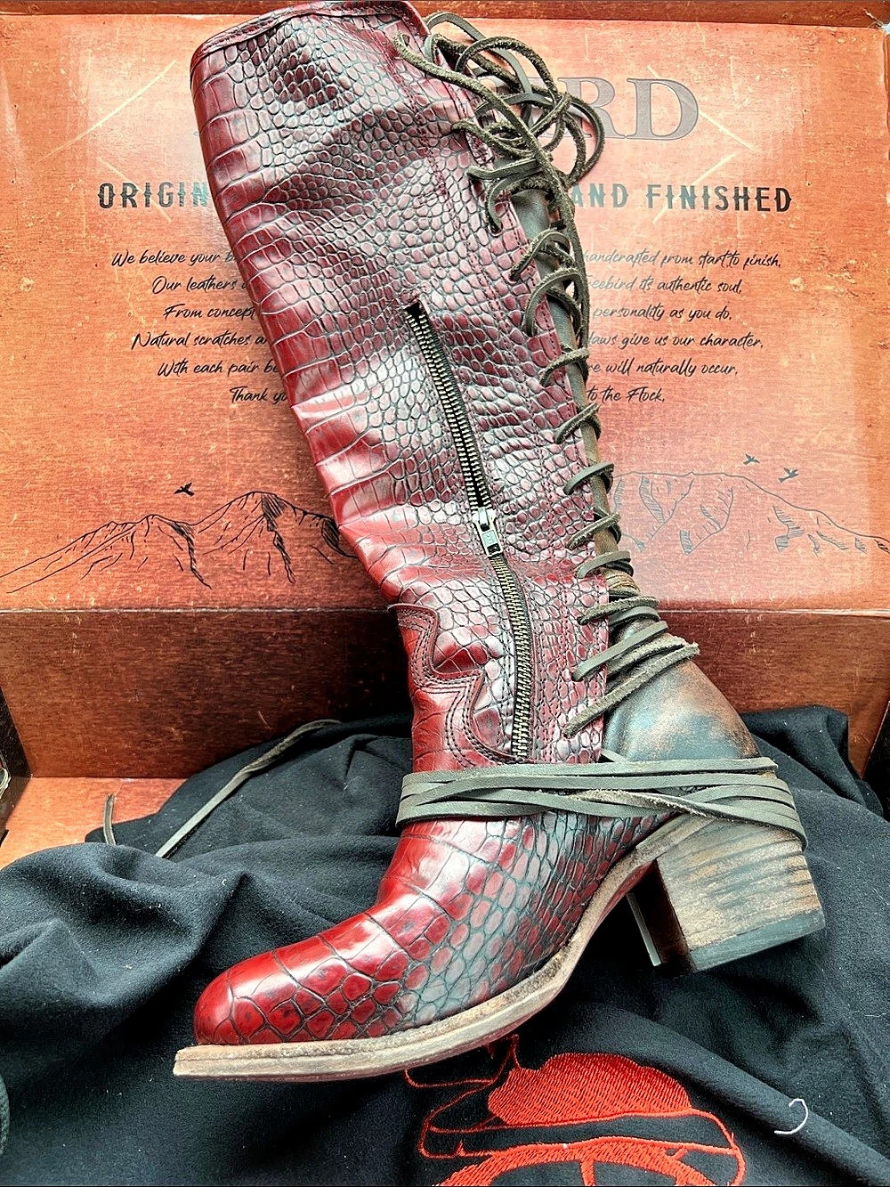 FREEBIRD Crocodile-Embossed Lace Up Boots in Red